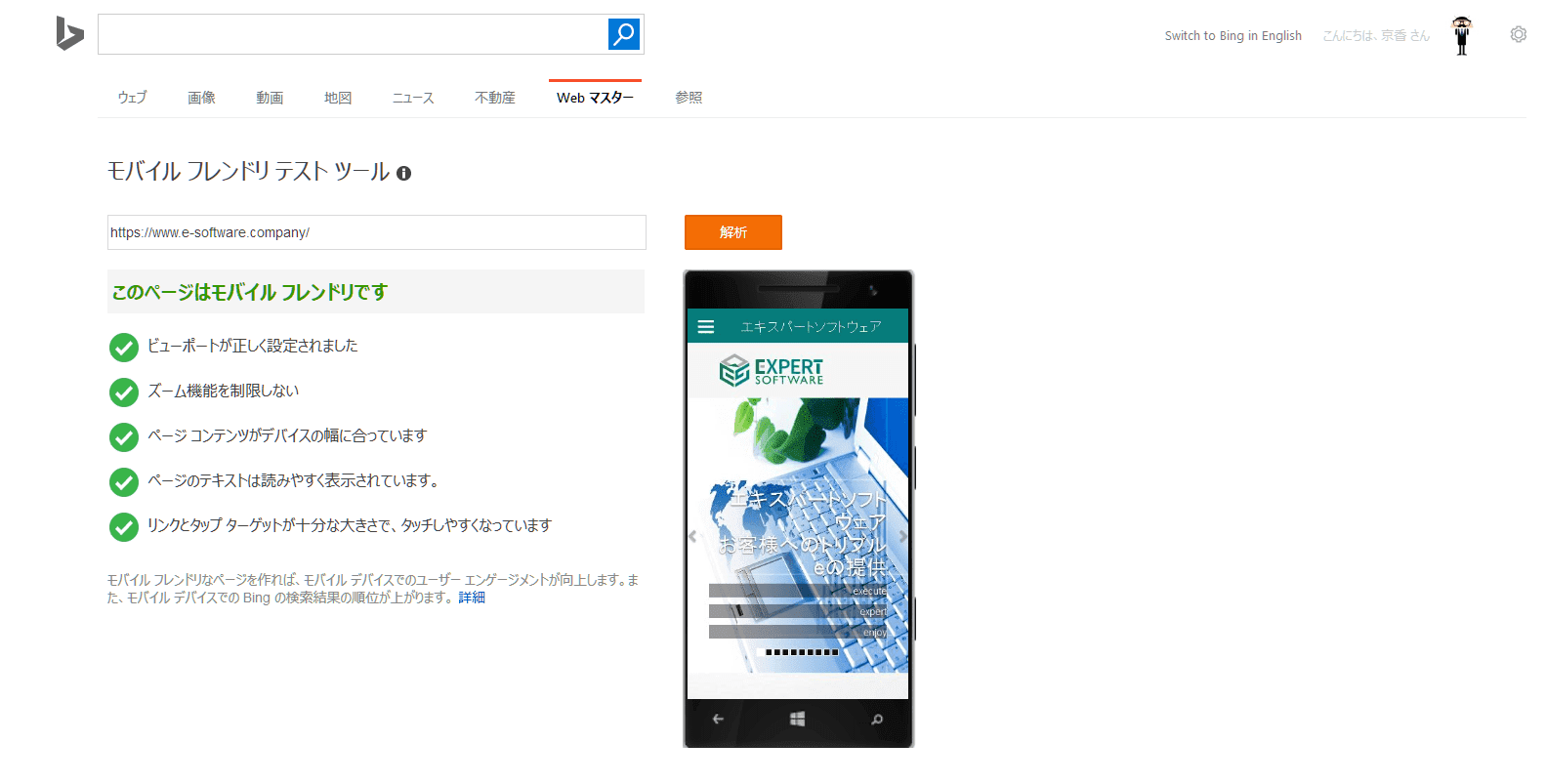 Bing - モバイル フレンドリ テスト ツール [サンプル画面]